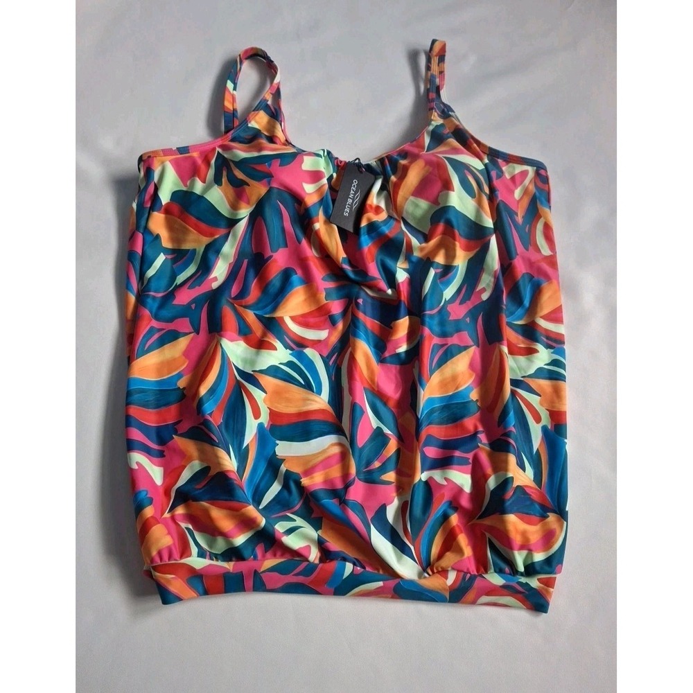 Ocean blues Women's Plus Blouson Bandeau Tankini Top Tropical Leaves Size XL